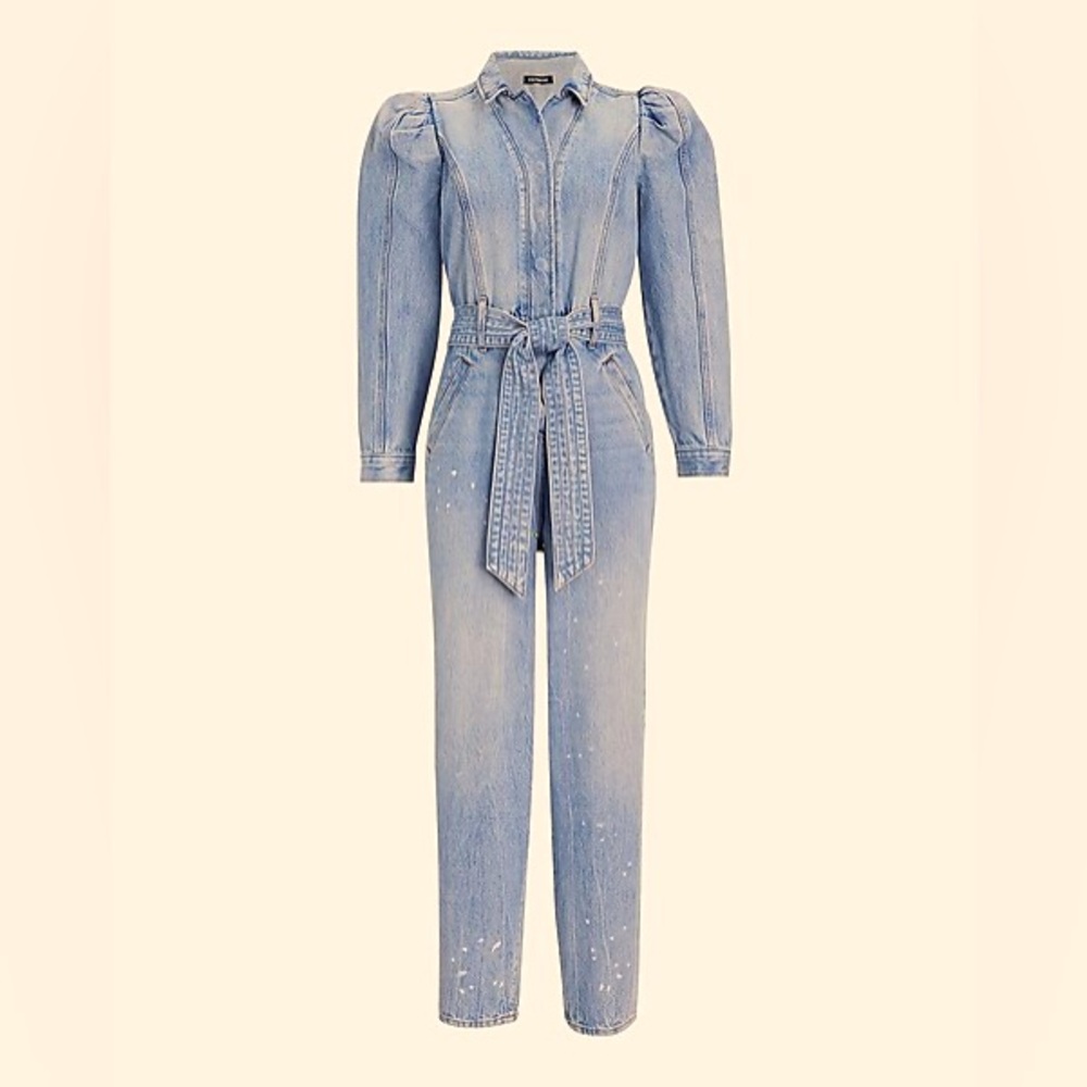 Express Puff Sleeve Denim Jumpsuit with Belted Waist - Picture 3 of 10